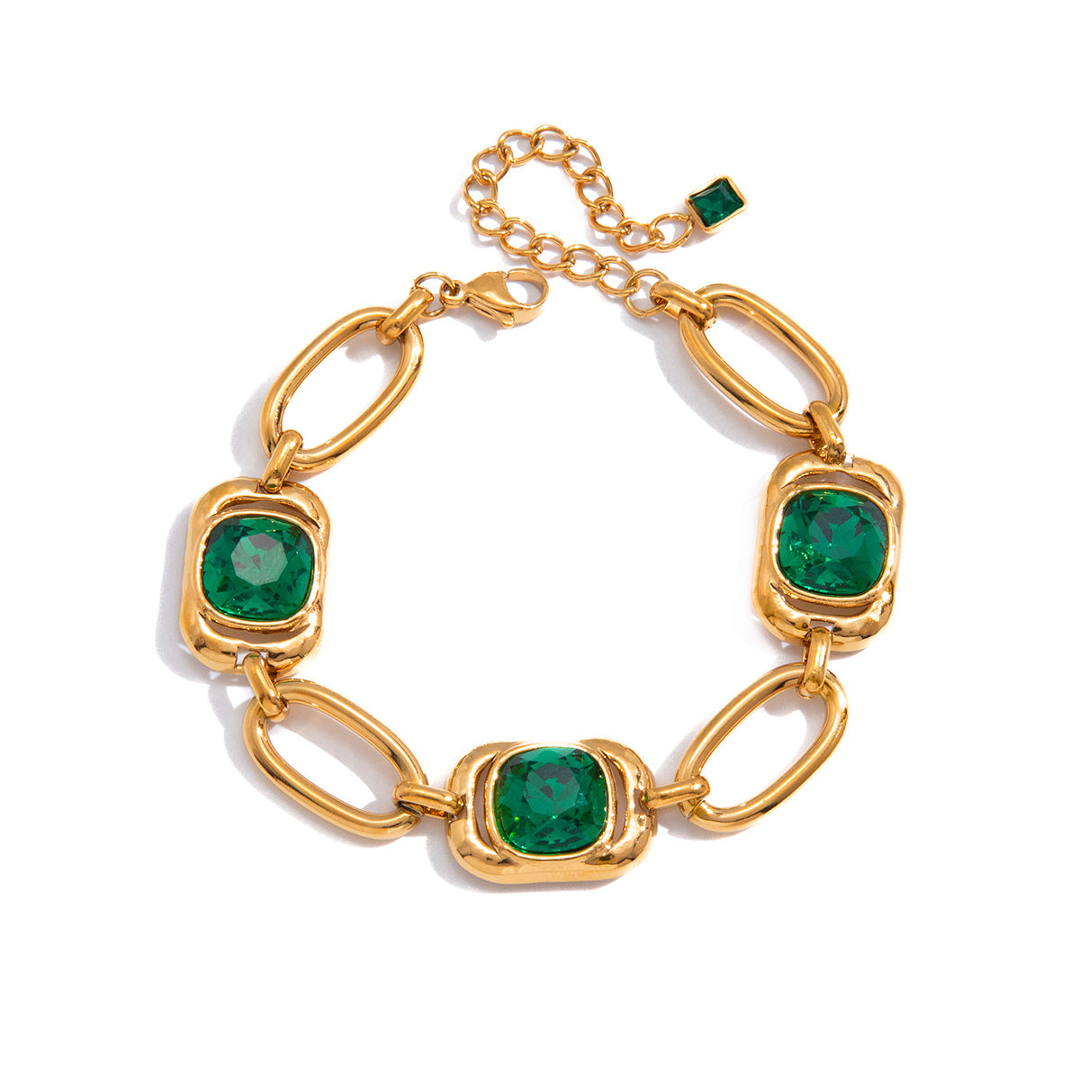Stainless Steel Square Green Glass Thick Paperclip Chain Bracelet