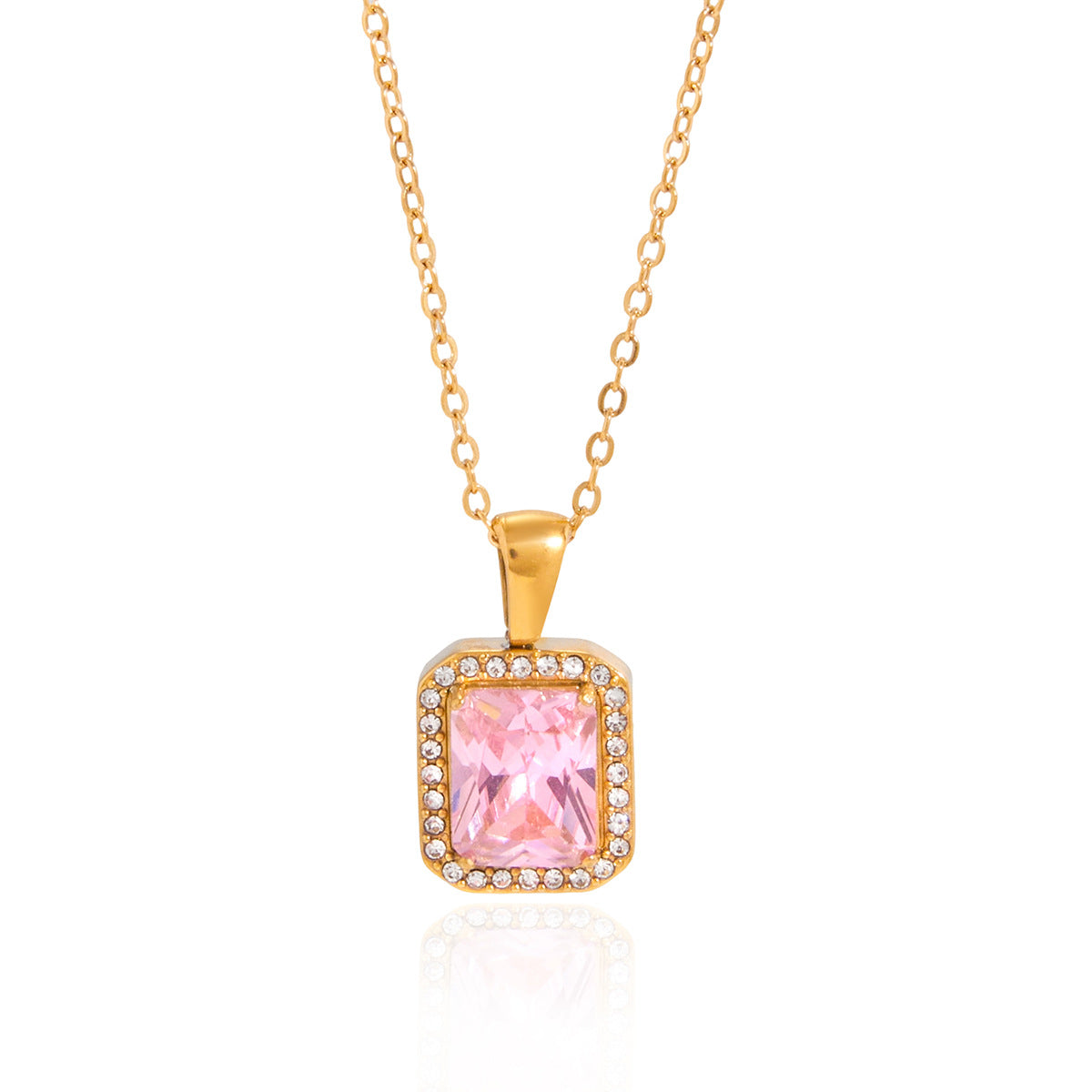 Stainless Steel Pink Cubic Zirconia Pendant Necklace