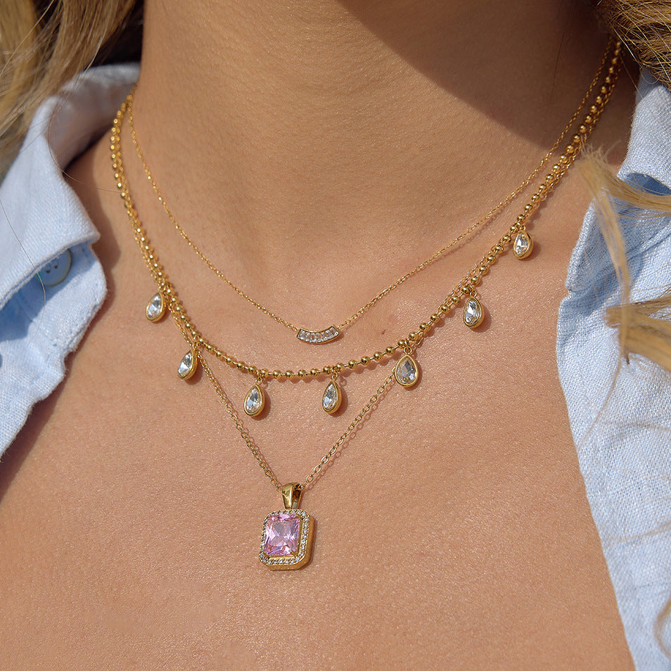 Stainless Steel Pink Cubic Zirconia Pendant Necklace