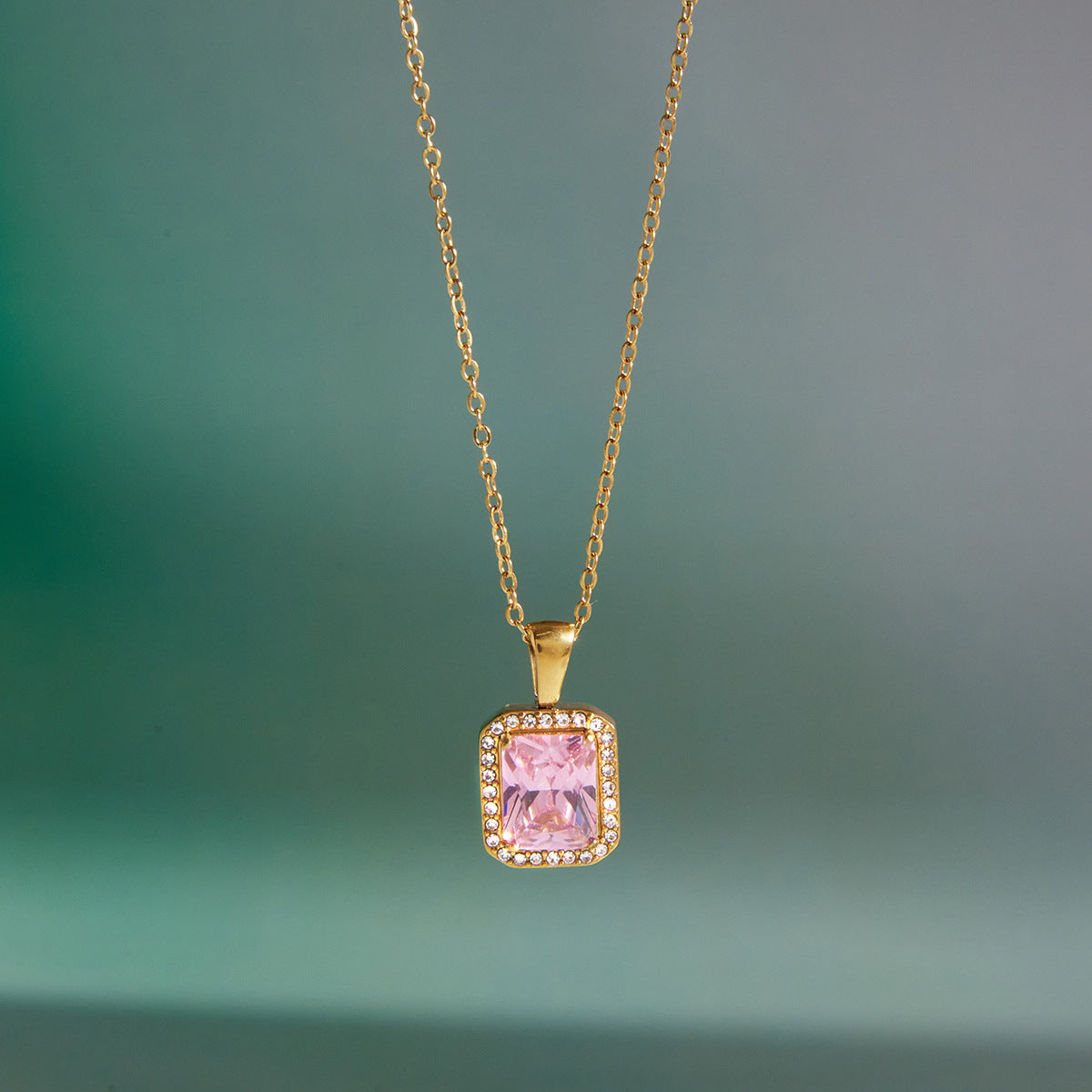 Stainless Steel Pink Cubic Zirconia Pendant Necklace