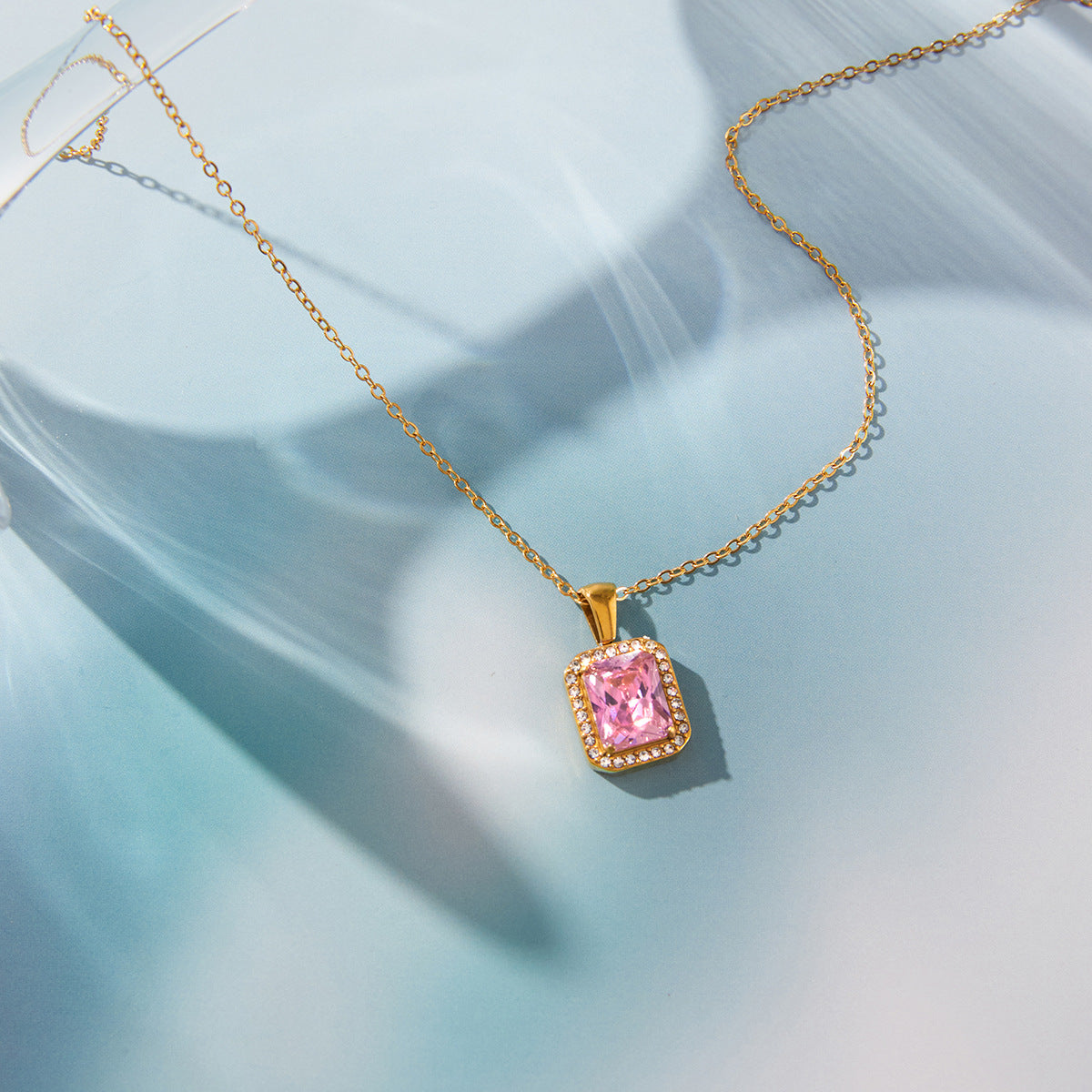 Stainless Steel Pink Cubic Zirconia Pendant Necklace