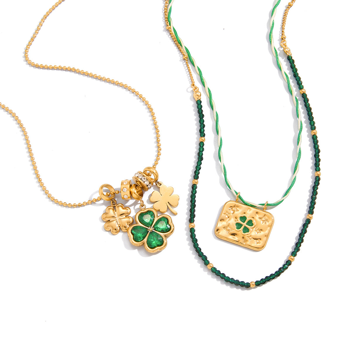 Stainless Steel Green Enamel CZ Four-leaf Clover Square Necklace