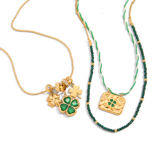 Stainless Steel Green Enamel CZ Four-leaf Clover Square Necklace