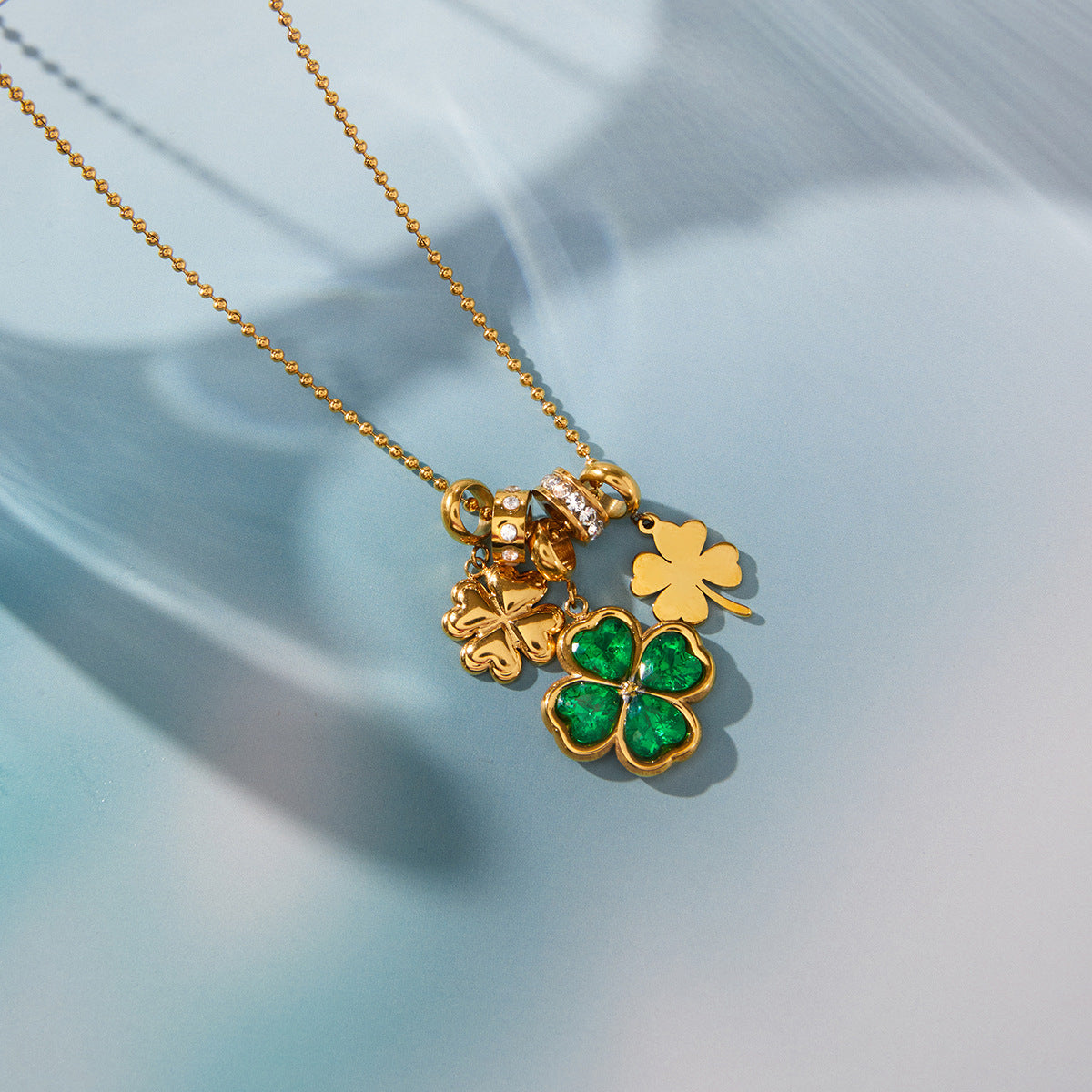 Stainless Steel Green Enamel CZ Four-leaf Clover Square Necklace