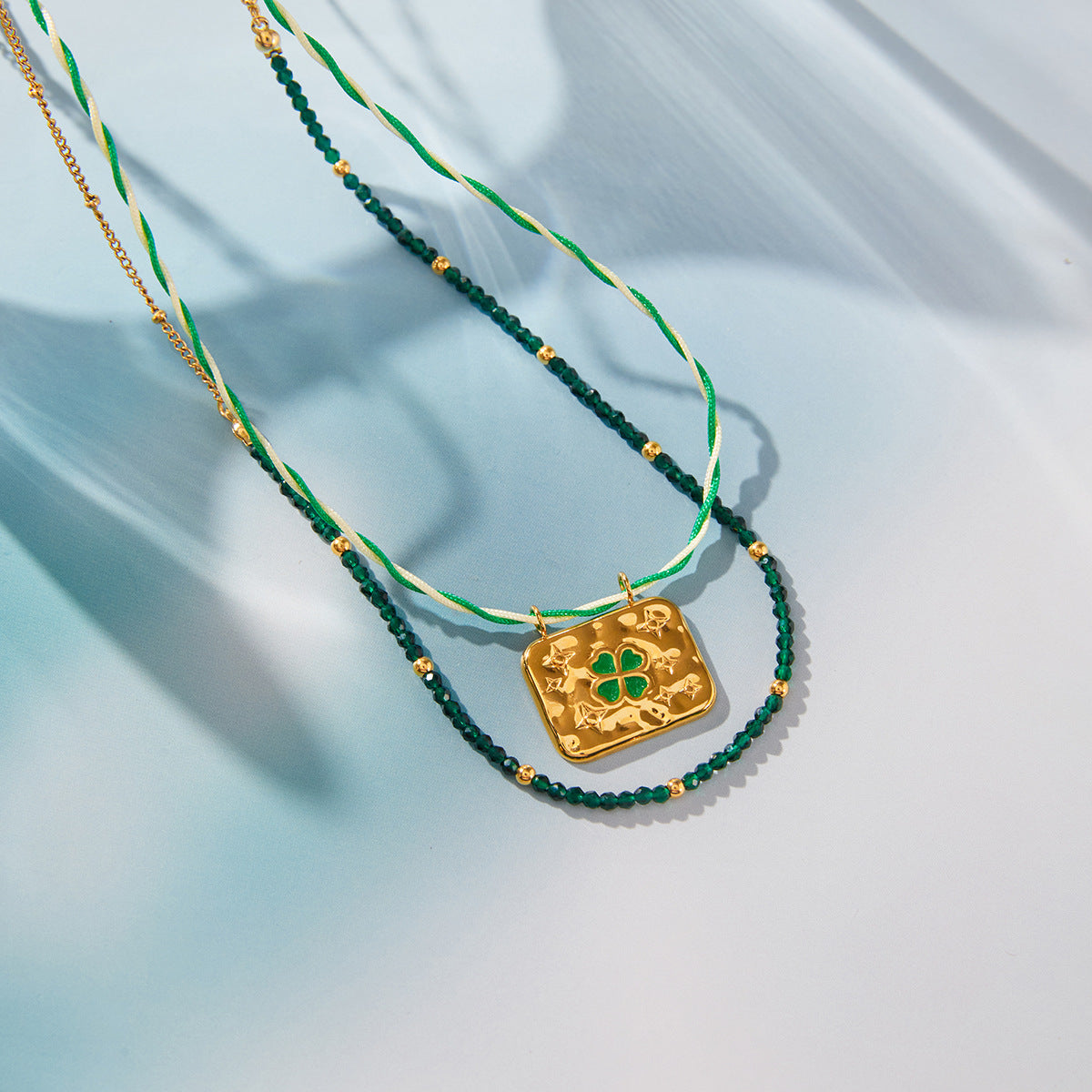 Stainless Steel Green Enamel CZ Four-leaf Clover Square Necklace
