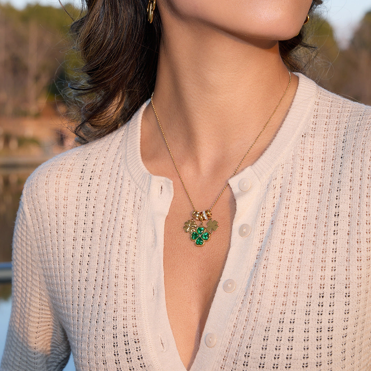 Stainless Steel Green Enamel CZ Four-leaf Clover Square Necklace
