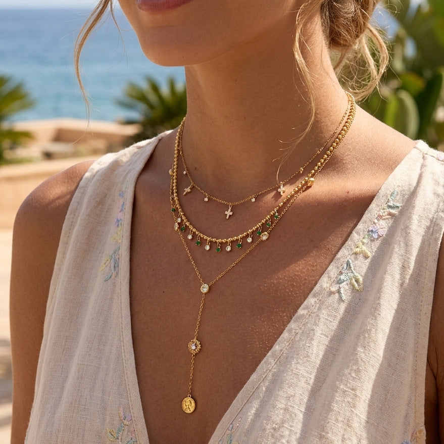 Stainless Steel Cubic Zirconia Bead Chain Necklace