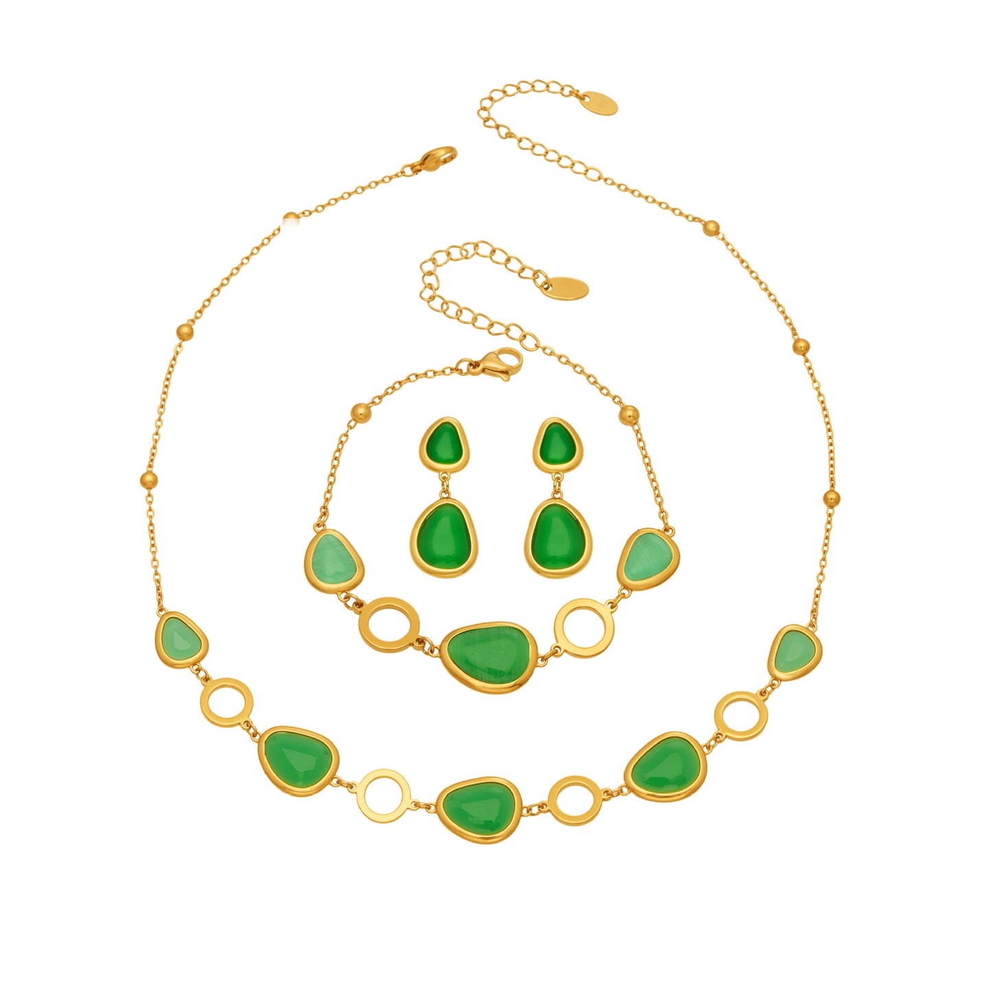 Stainless Steel Oval Cat's Eye Stone Necklace Bracelet Earrings Jewelry Set