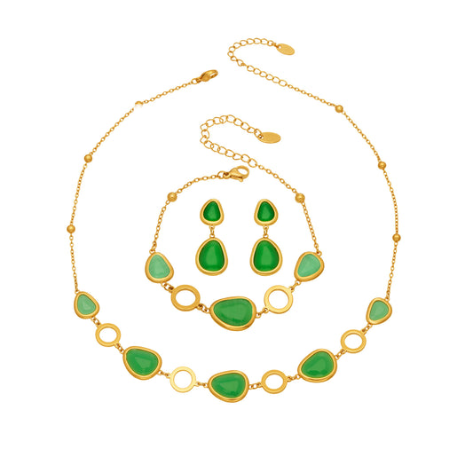 Stainless Steel Oval Cat's Eye Stone Necklace Bracelet Earrings Jewelry Set