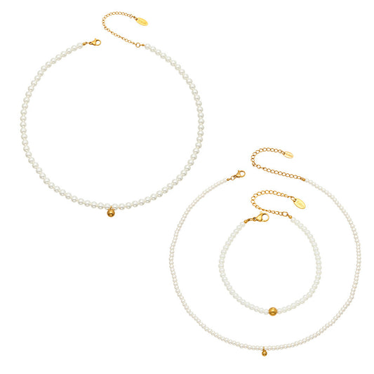 Stainless Steel Imitation Pearl Bead Necklace Bracelet Jewelry Set