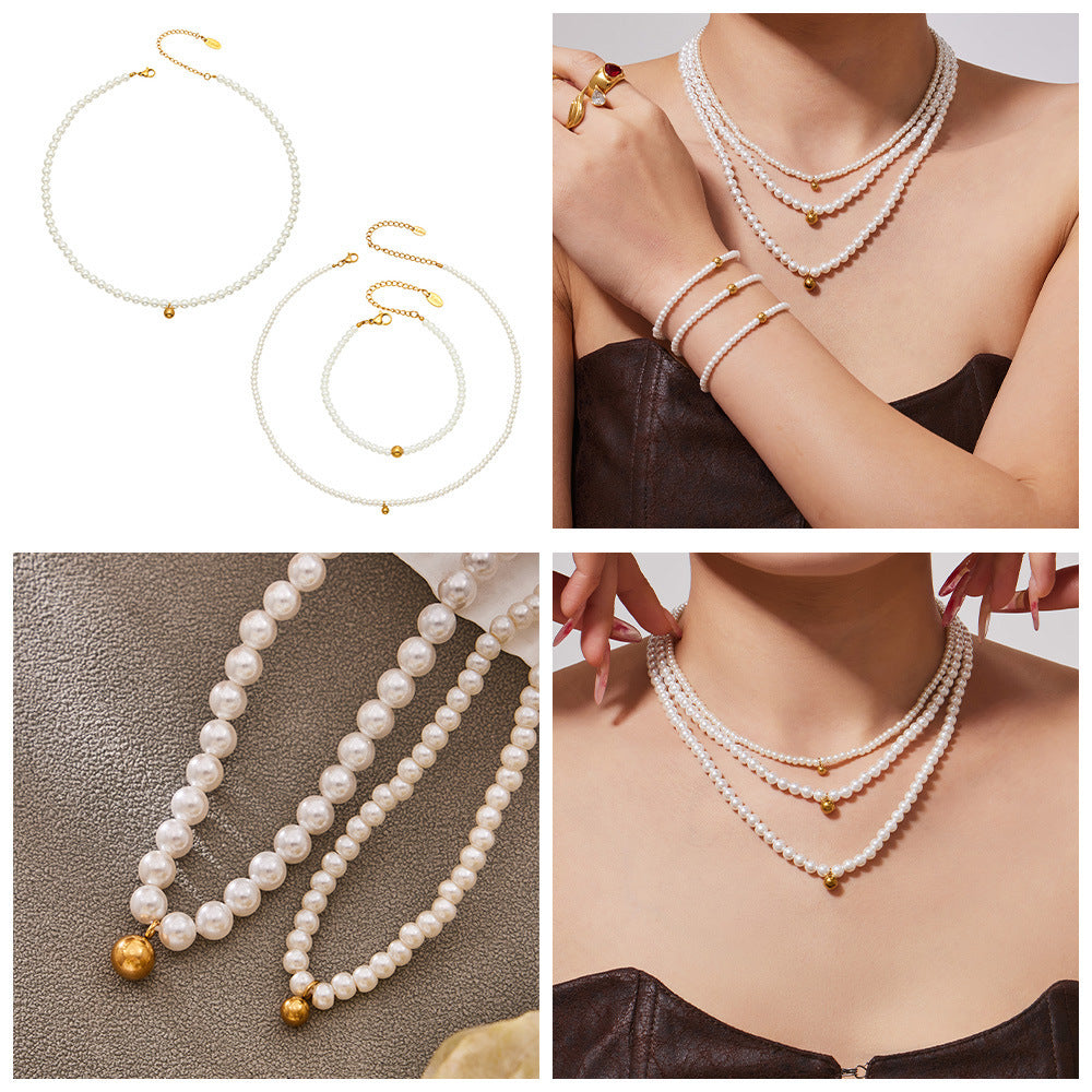 Stainless Steel Imitation Pearl Bead Necklace Bracelet Jewelry Set