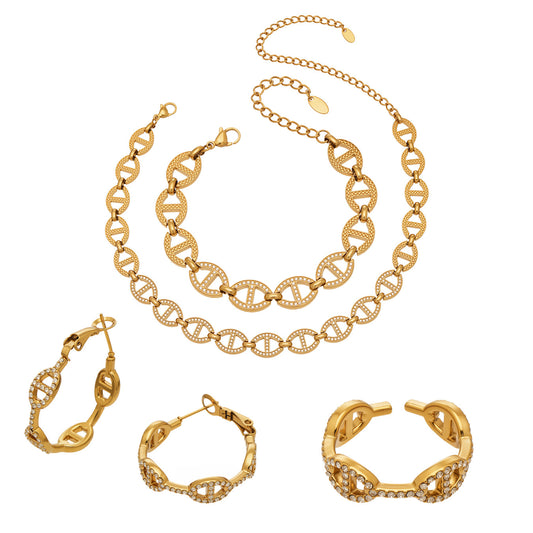 Stainless Steel CZ Pig Nose Buckle Necklace Bracelet Ring Earrings Jewelry Set