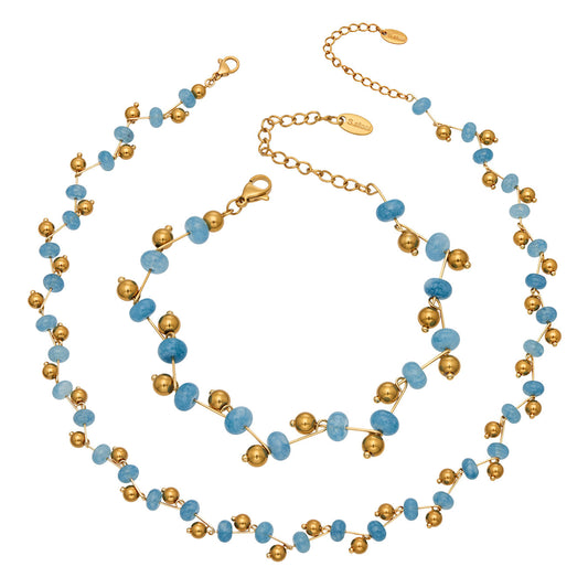 Stainless Steel Natural Faceted Crystal Stone Bracelet Necklace Jewelry Set
