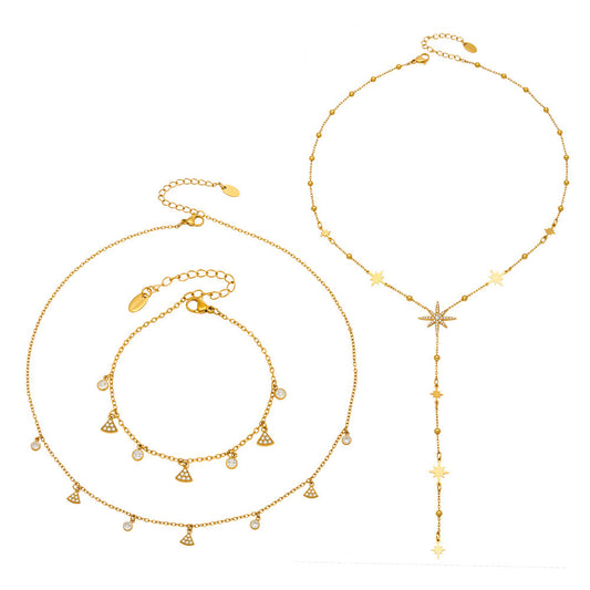 Stainless Steel CZ Hexagram Lariat Necklace Bracelet Jewelry Set