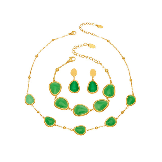 Stainless Steel Water Drop Cat's Eye Stone Necklace Earrings Bracelet Jewelry Set