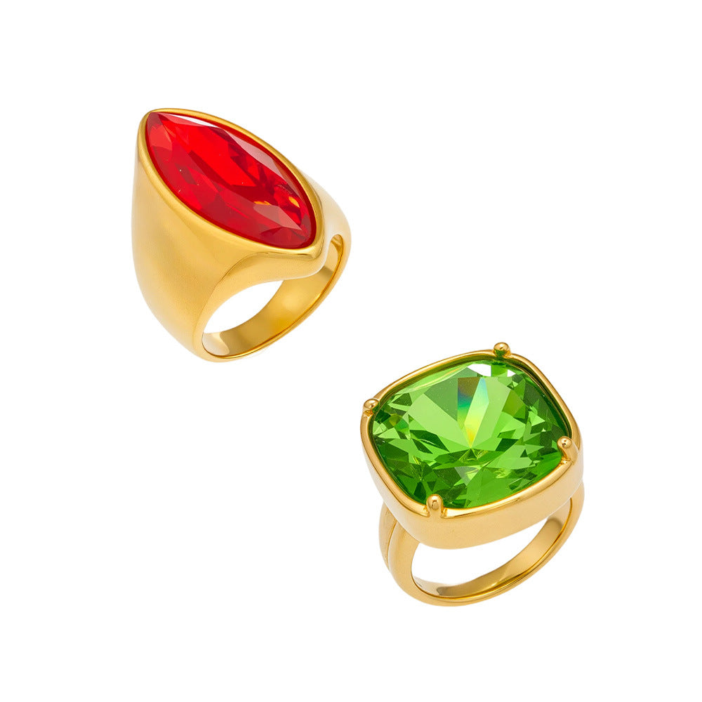 Stainless Steel Red and Green Glass Stone Ring