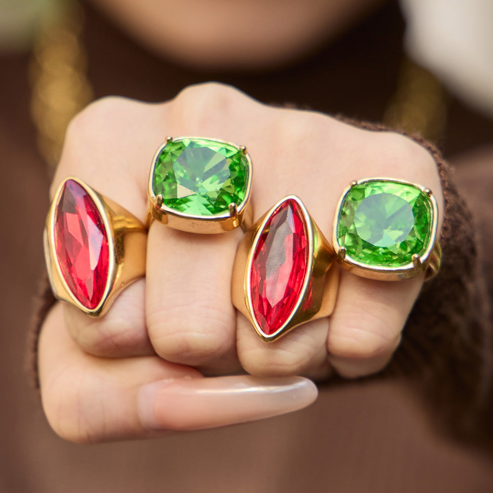 Stainless Steel Red and Green Glass Stone Ring