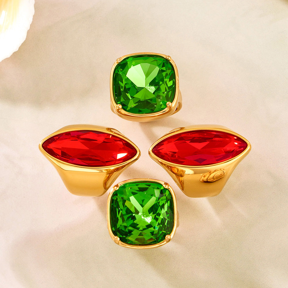 Stainless Steel Red and Green Glass Stone Ring