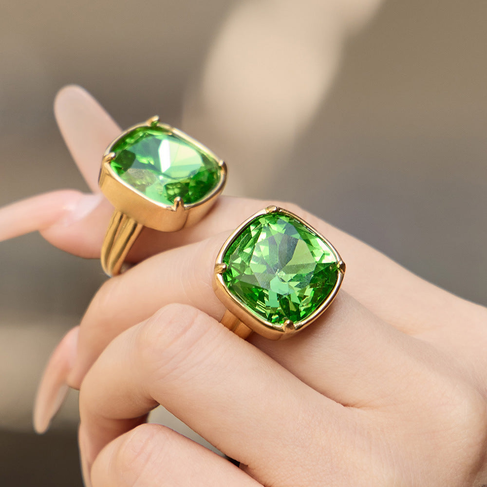 Stainless Steel Red and Green Glass Stone Ring