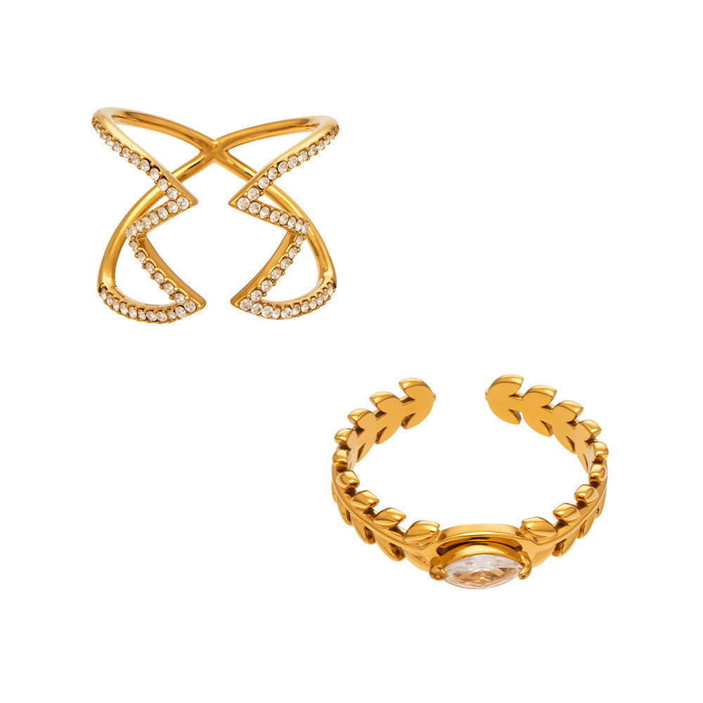Stainless Steel Cubic Zirconia Hollow-out Striped Open Ring