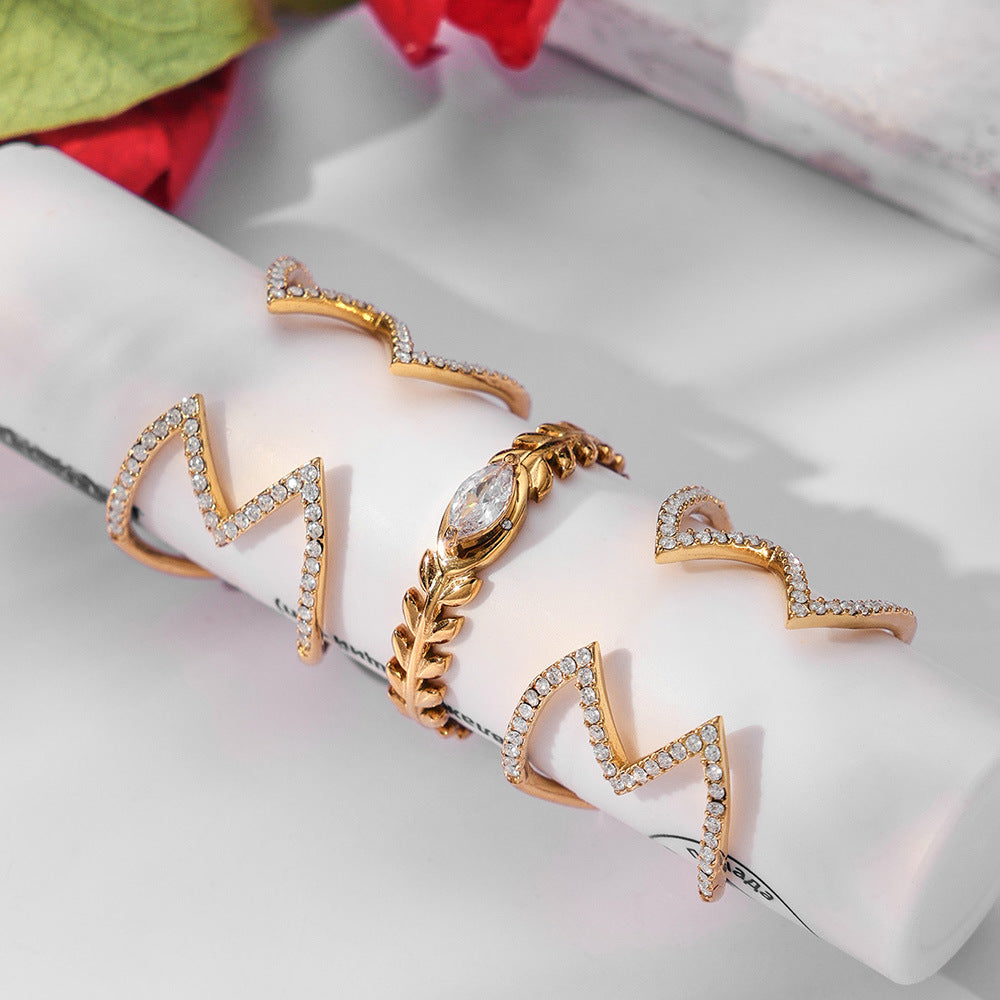 Stainless Steel Cubic Zirconia Hollow-out Striped Open Ring