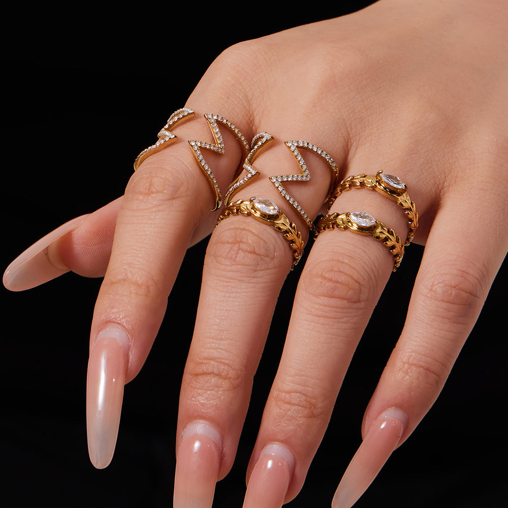 Stainless Steel Cubic Zirconia Hollow-out Striped Open Ring