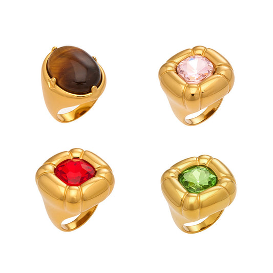 Stainless Steel Rainbow Glass Tiger's Eye Ring