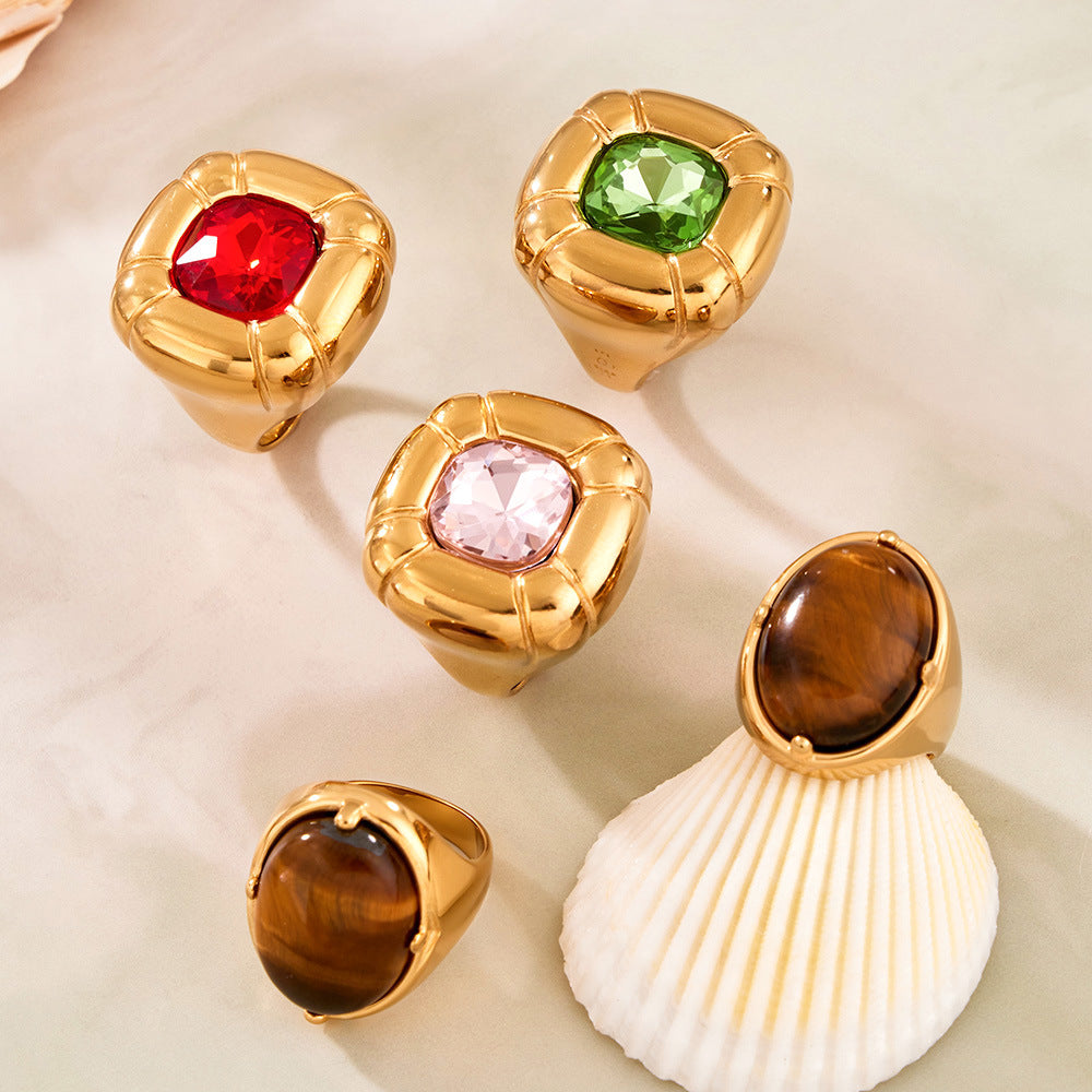 Stainless Steel Rainbow Glass Tiger's Eye Ring