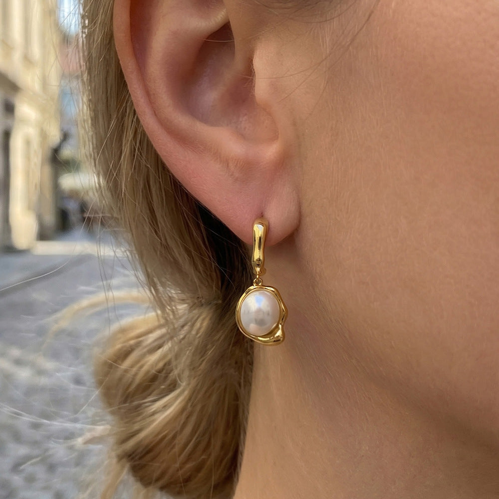 Stainless Steel Pearl Pendant C-shaped Stud Earrings