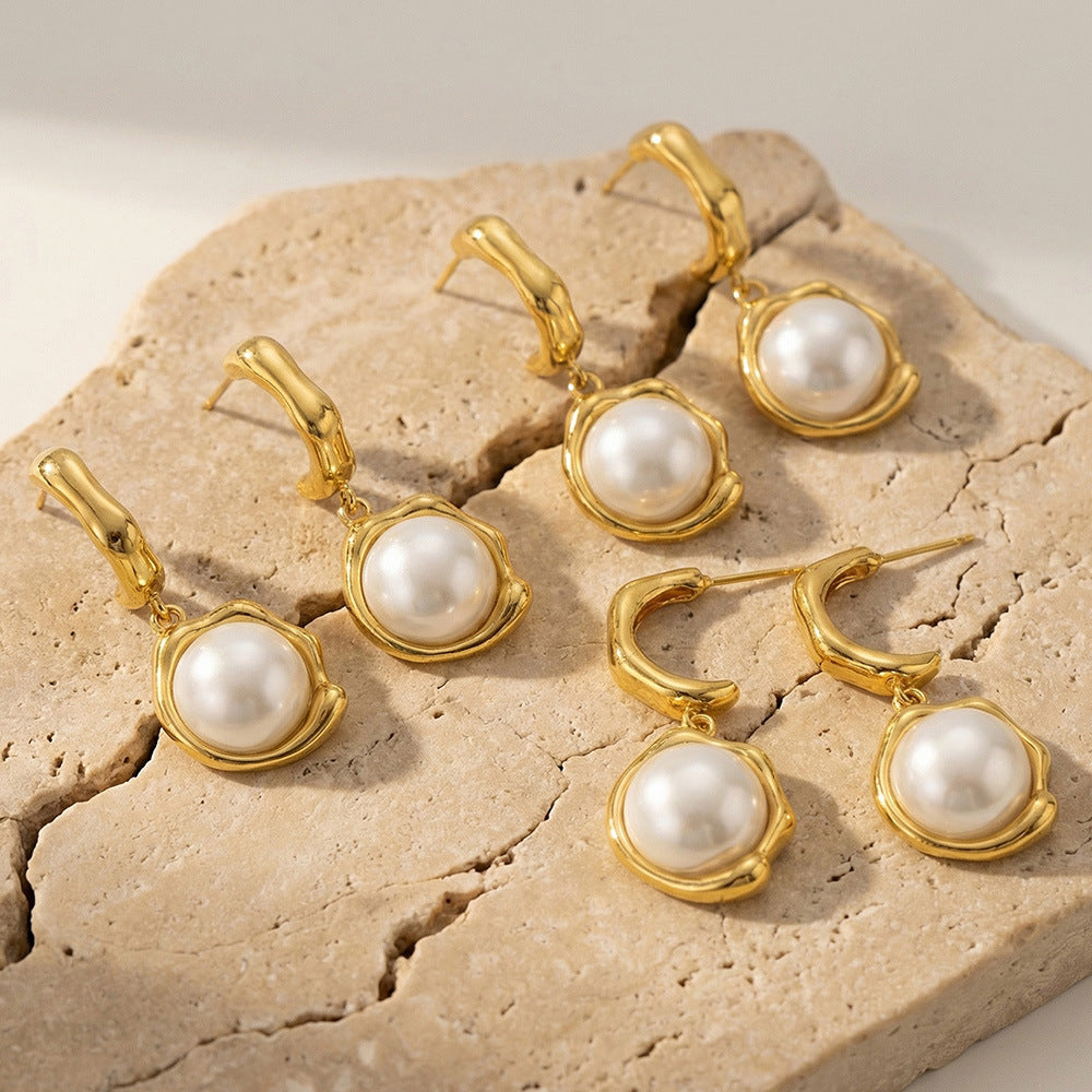 Stainless Steel Pearl Pendant C-shaped Stud Earrings