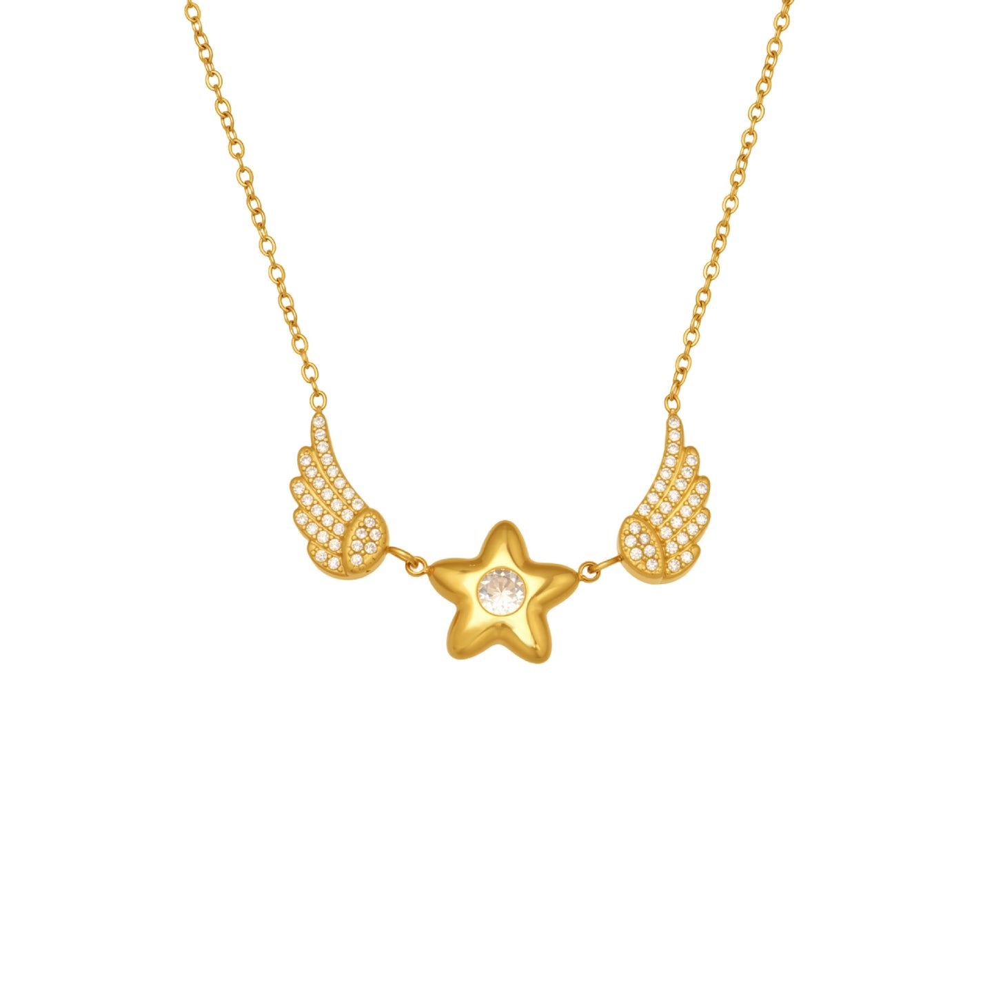 Stainless Steel CZ Star-shaped Wings Pendant Necklace