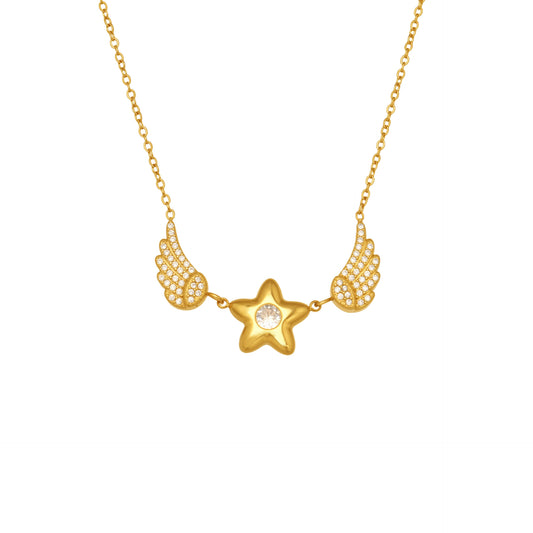Stainless Steel CZ Star-shaped Wings Pendant Necklace