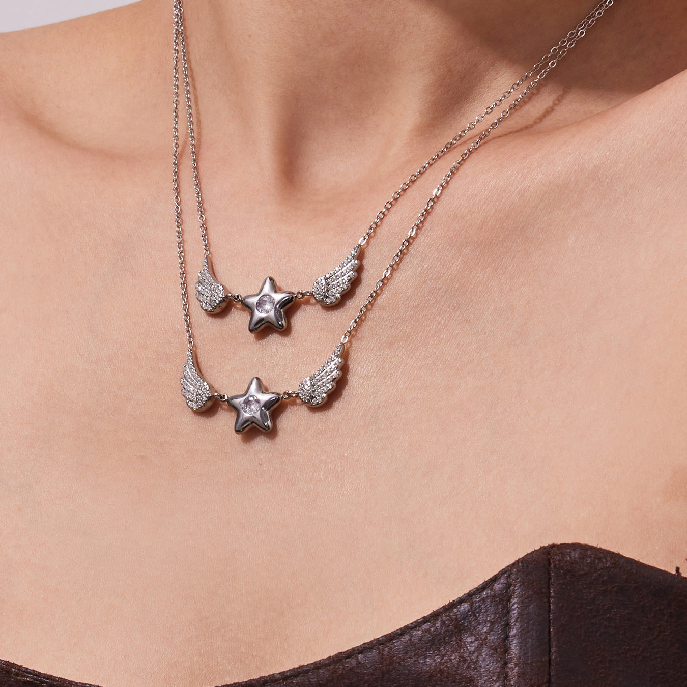 Stainless Steel CZ Star-shaped Wings Pendant Necklace