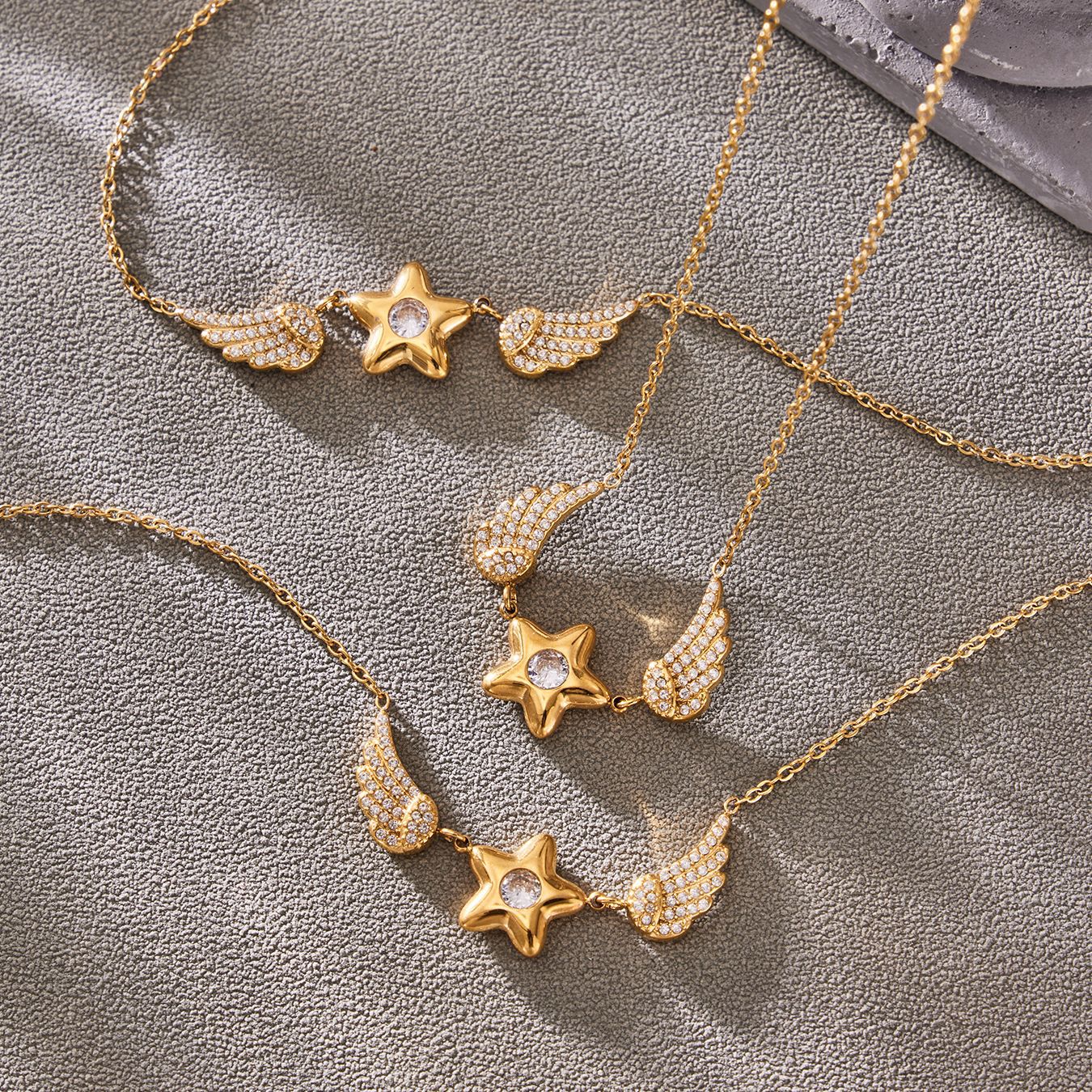 Stainless Steel CZ Star-shaped Wings Pendant Necklace