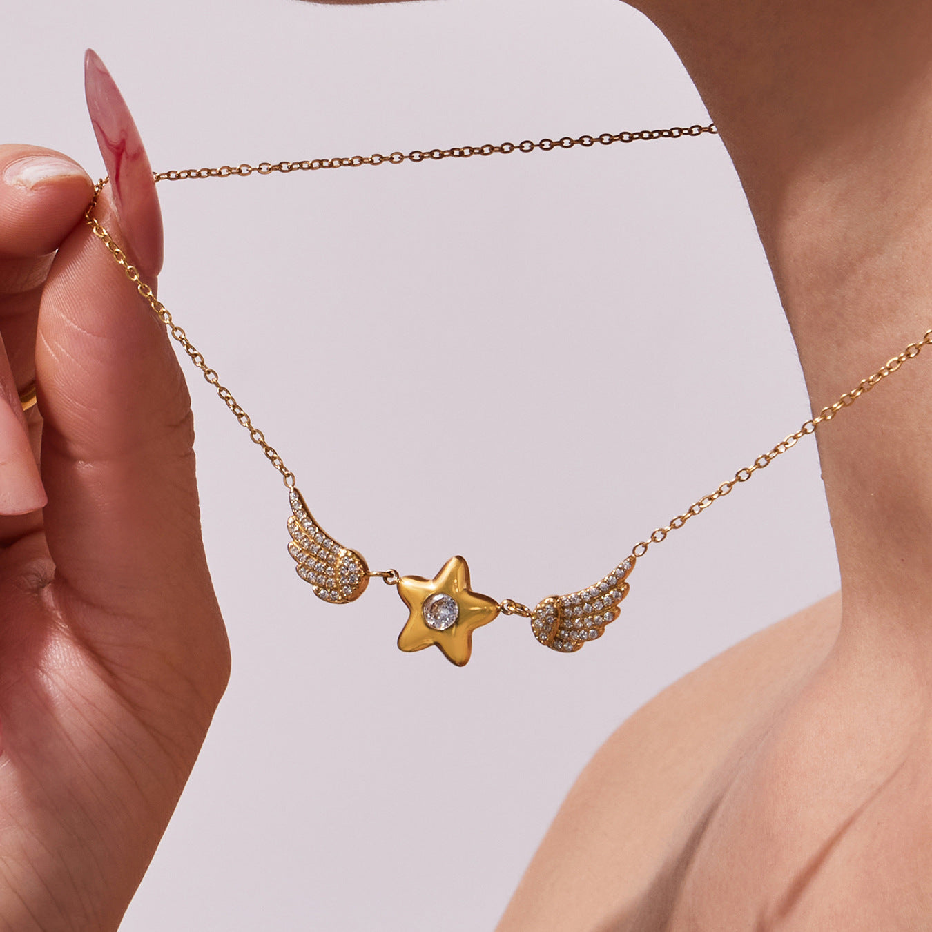 Stainless Steel CZ Star-shaped Wings Pendant Necklace
