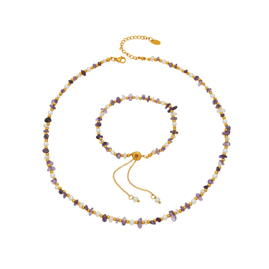 Stainless Steel Rainbow Natural Stone Necklace Bracelet Jewelry Set