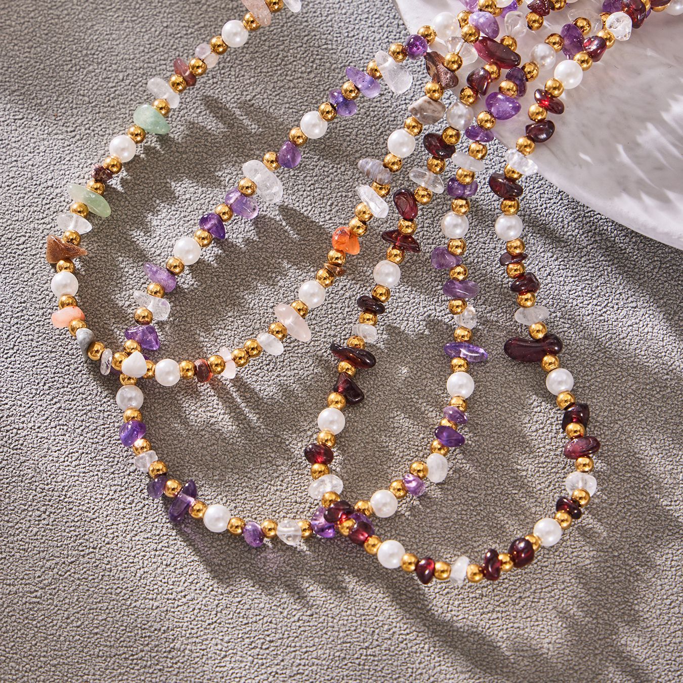 Stainless Steel Rainbow Natural Stone Necklace Bracelet Jewelry Set