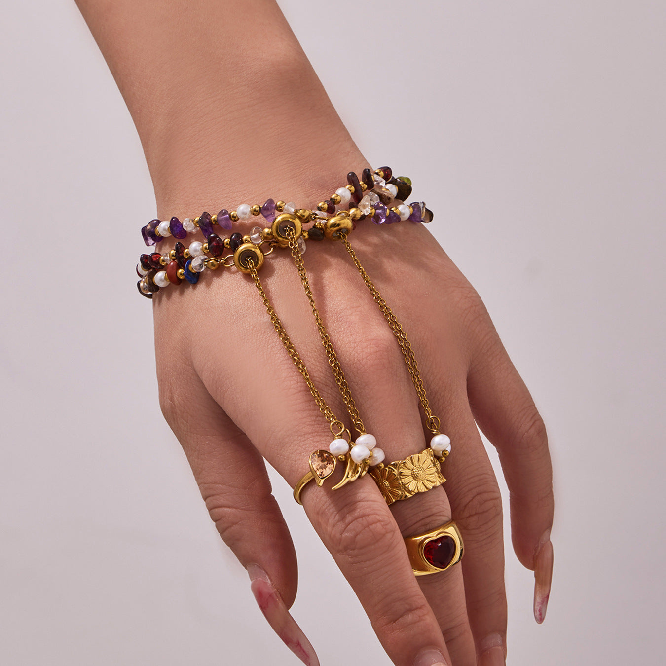 Stainless Steel Rainbow Natural Stone Necklace Bracelet Jewelry Set