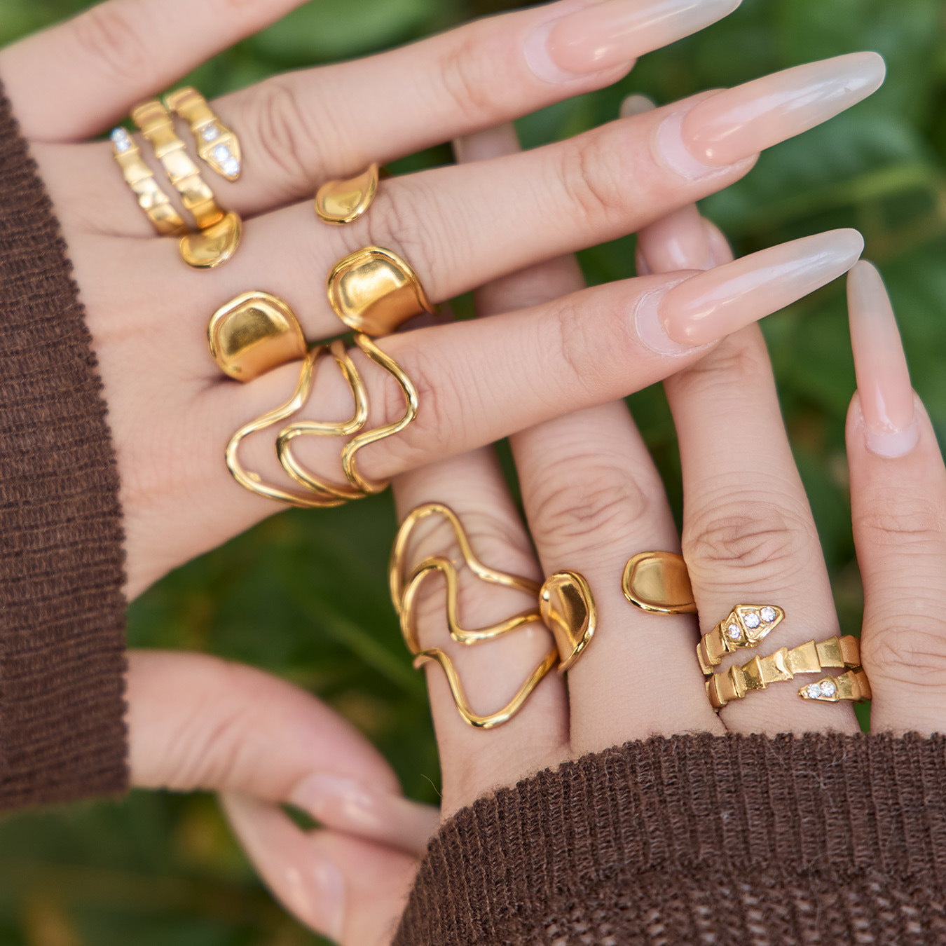 Stainless Steel Snake-shaped CZ Geometric Ring Set