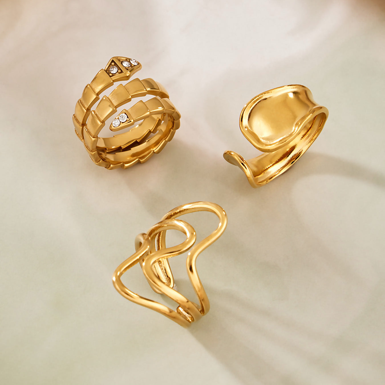 Stainless Steel Snake-shaped CZ Geometric Ring Set