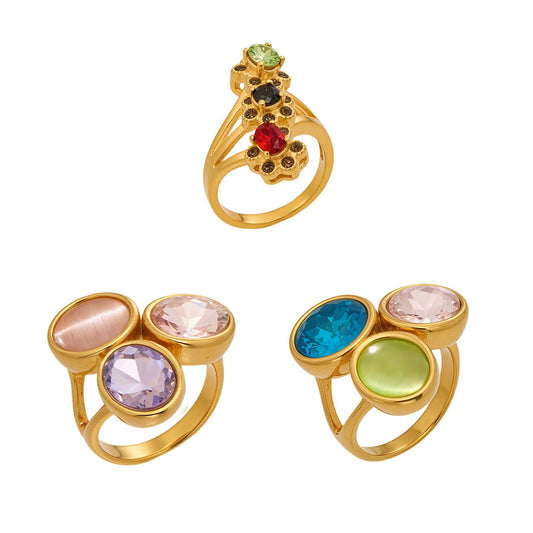Stainless Steel Multi-colored Glass Rhinestone Ring