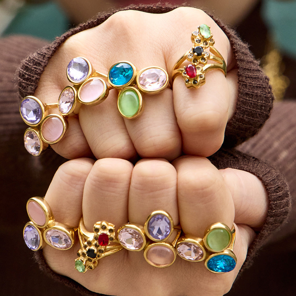 Stainless Steel Multi-colored Glass Rhinestone Ring
