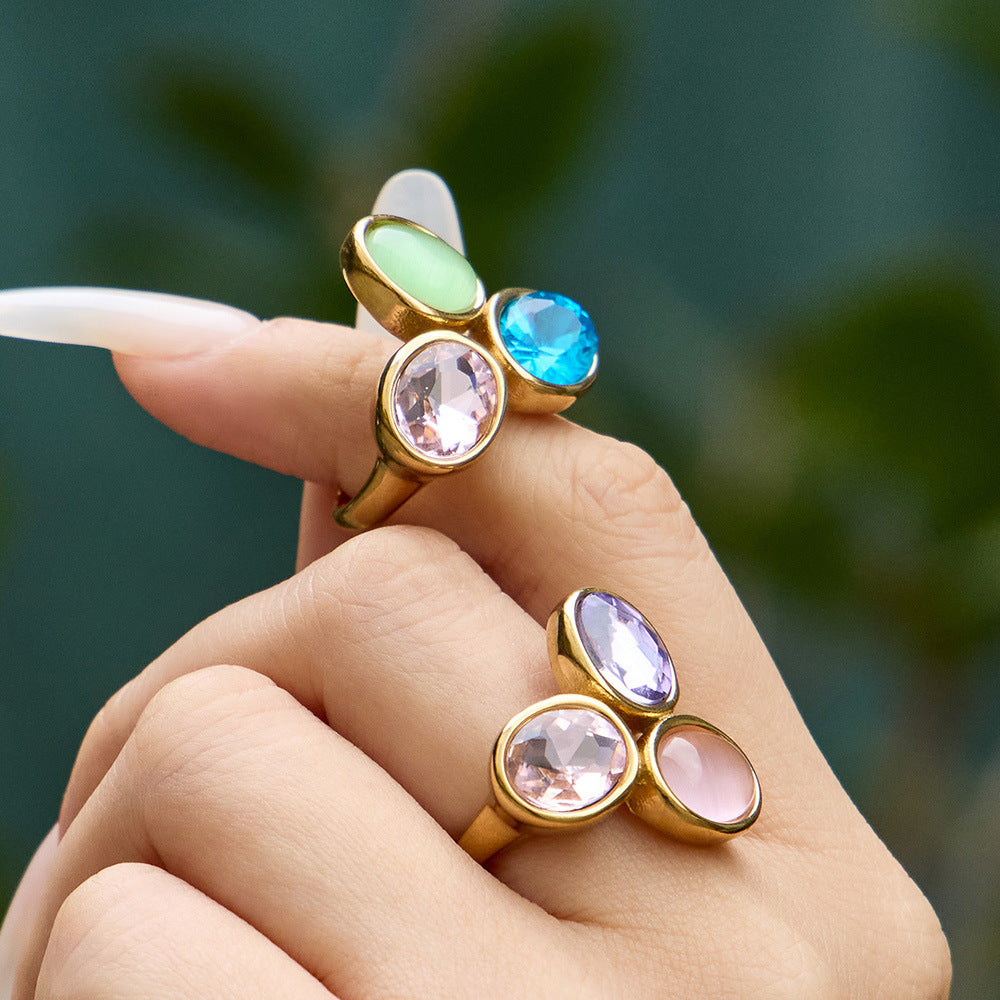Stainless Steel Multi-colored Glass Rhinestone Ring