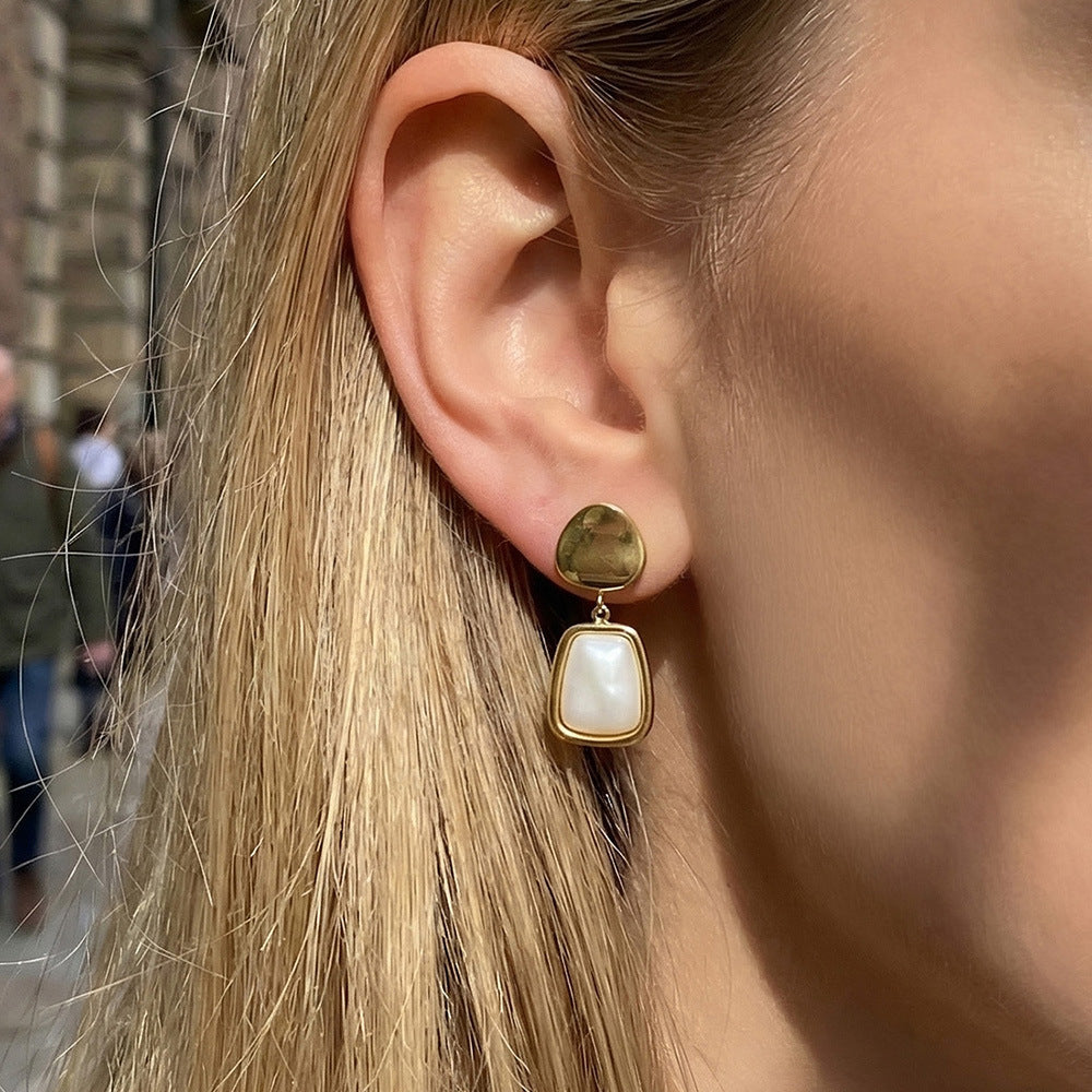 Stainless Steel White Mother of Pearl Pendant Stud Earrings