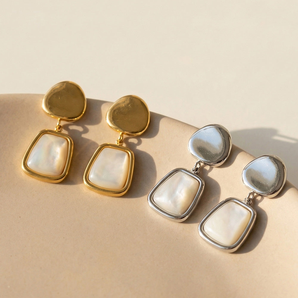 Stainless Steel White Mother of Pearl Pendant Stud Earrings