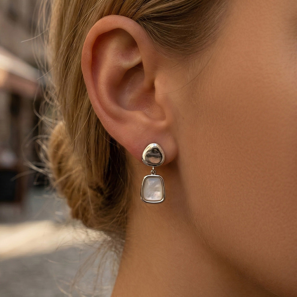 Stainless Steel White Mother of Pearl Pendant Stud Earrings