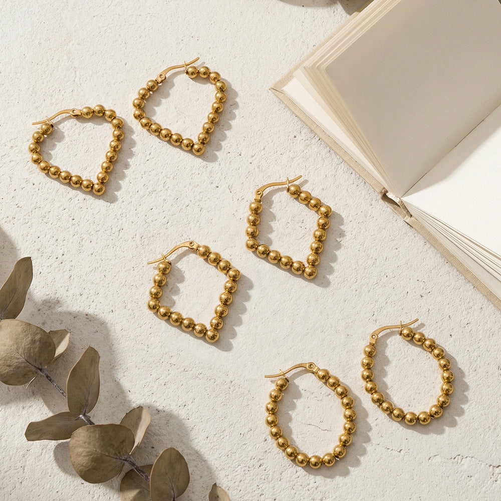 Stainless Steel Geometric Diamond-shaped Bead Hoop Earrings
