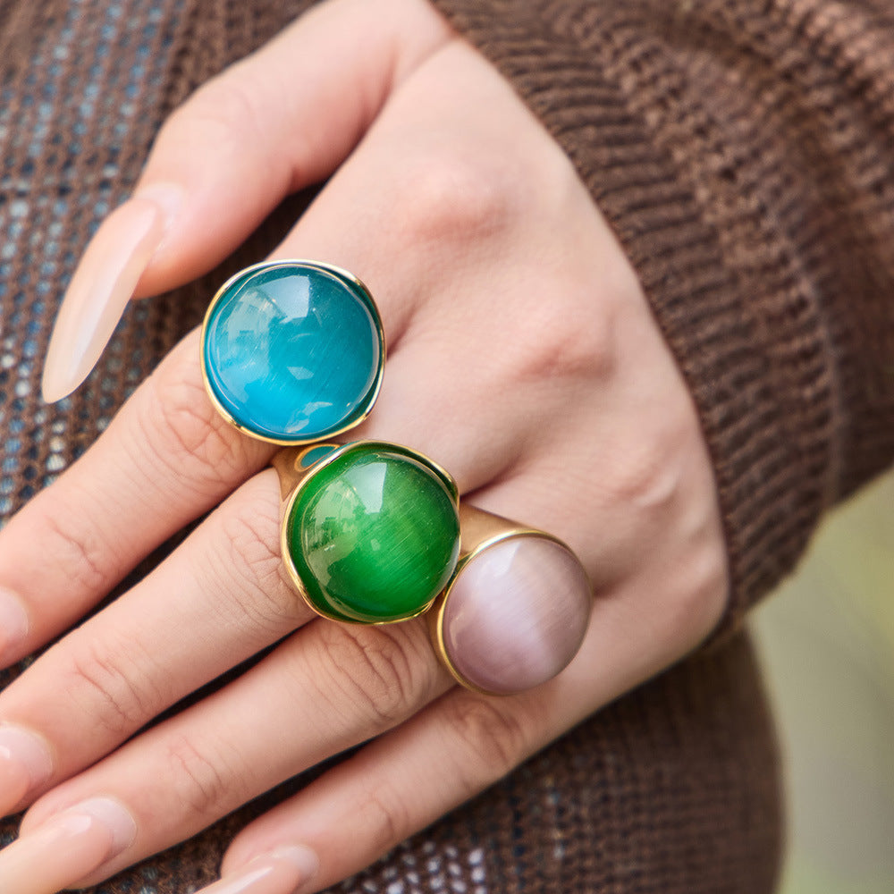 Stainless Steel Three-color Cat's Eye Stone Ring