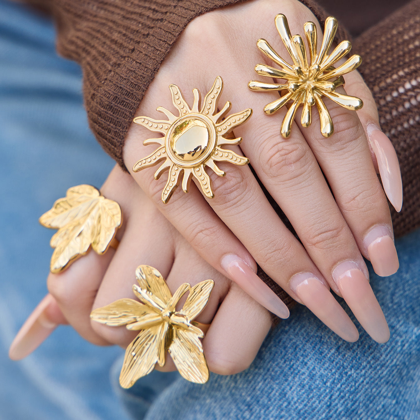 Stainless Steel 18K Gold PVD Flower Sun Ring