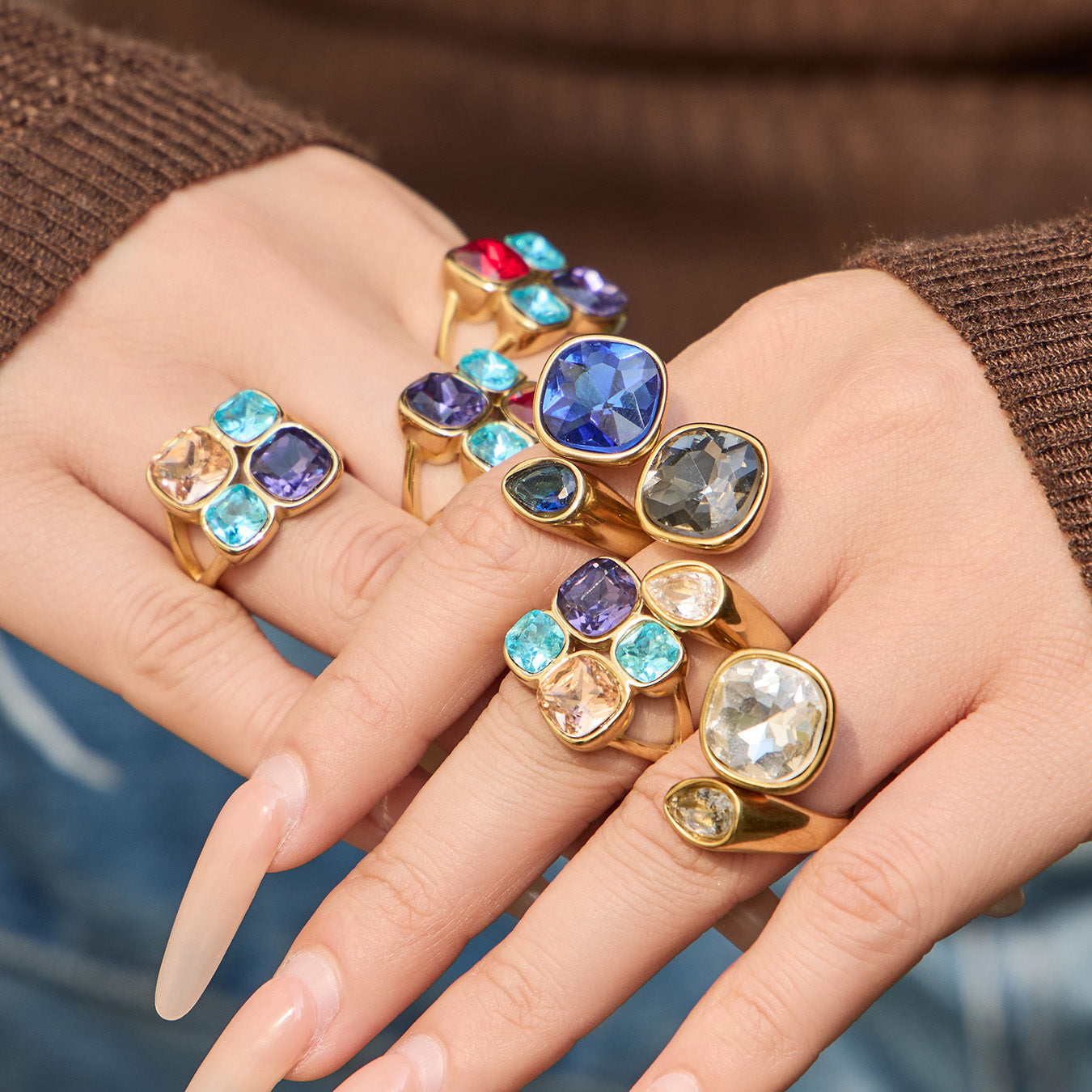 Stainless Steel Colored Glass Stone Ring